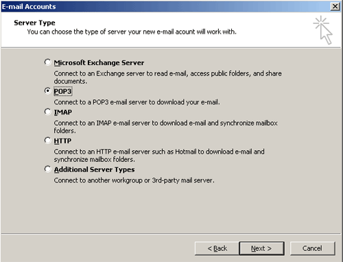 Microsoft Outlook 2003 Wizard - Server Type