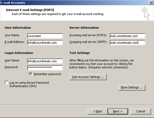 Microsoft Outlook 2003 Wizard - Email Account Settings